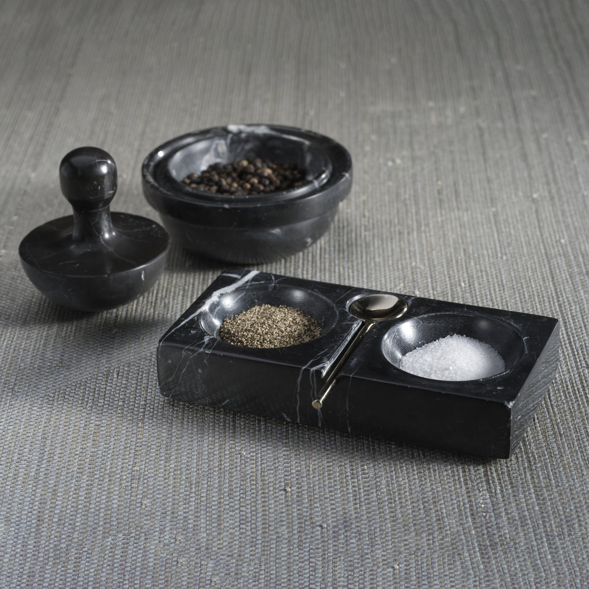Black Marble Salt & Pepper Dish Spoon - Shaker Detail | Bone & Brass
