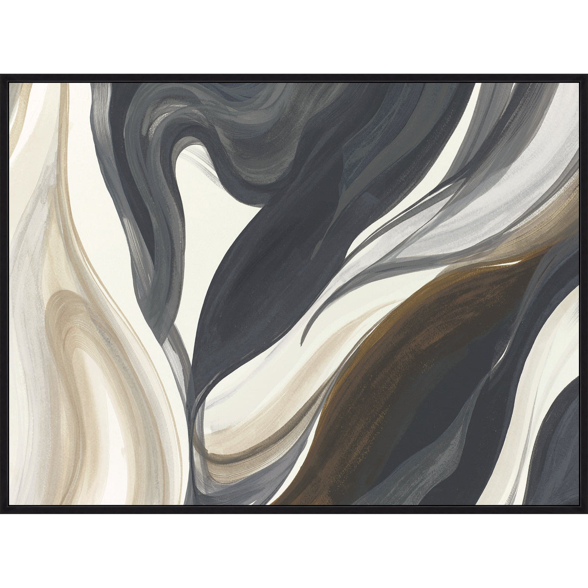Abstract Black Wave Giclee Painting by Sara Brown, featuring fluid dark gray, brown, and white brushstrokes.