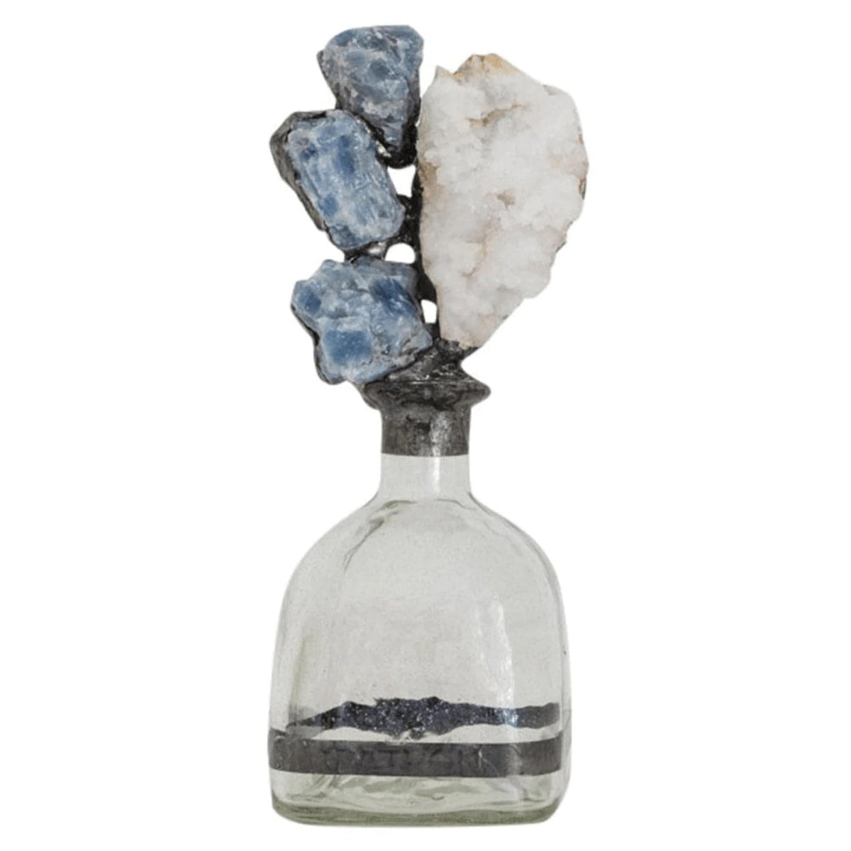 Clear glass Patron bottle with blue calcite and white geode topper, 10-14" high.