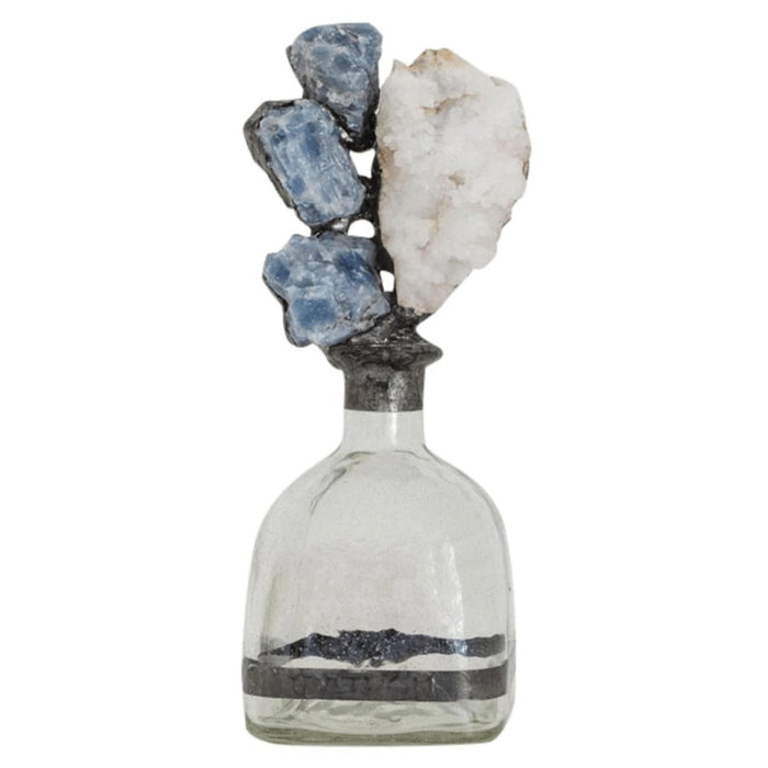 Clear glass Patron bottle with blue calcite and white geode topper, 10-14" high.