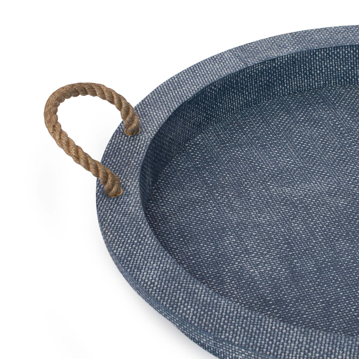 Blue faux rattan round decorative serving tray with jute rope handles.
