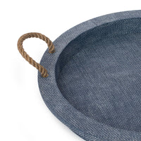 Blue faux rattan round decorative serving tray with jute rope handles.