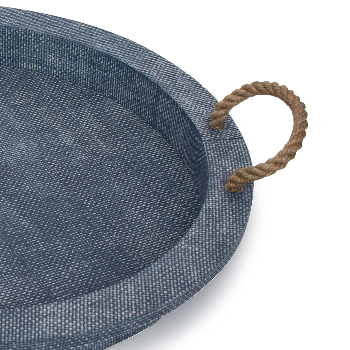 Blue rattan decorative serving tray with jute rope handles, 22" wide.
