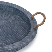 Blue rattan decorative serving tray with jute rope handles, 22" wide.