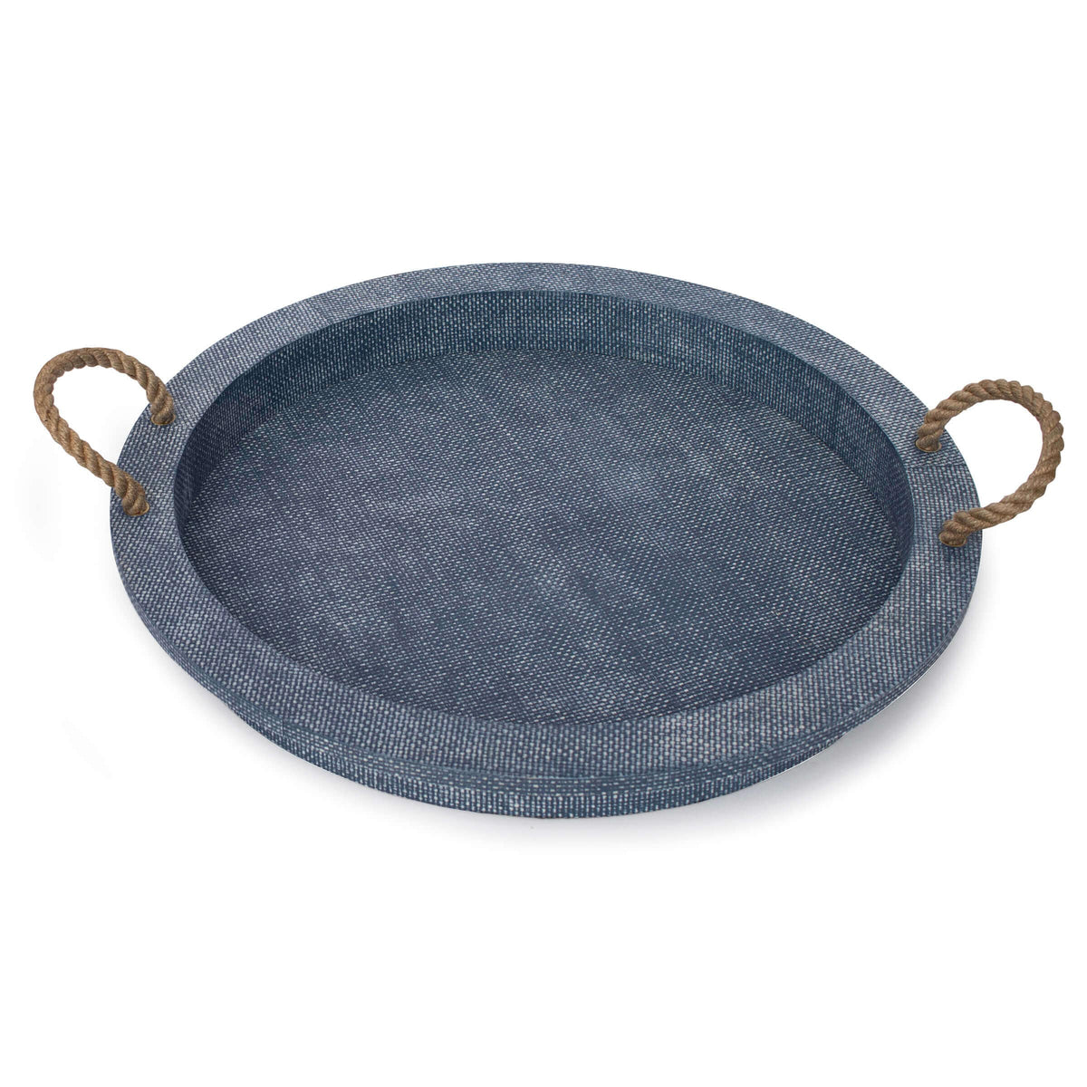 Blue rattan decorative serving tray with jute rope handles, 22" diameter.