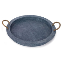 Blue rattan decorative serving tray with jute rope handles, 22" diameter.