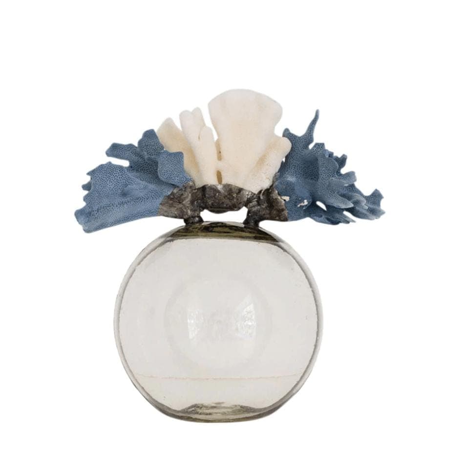 Round glass decorative bottle with blue and white coral, 15-19"H.