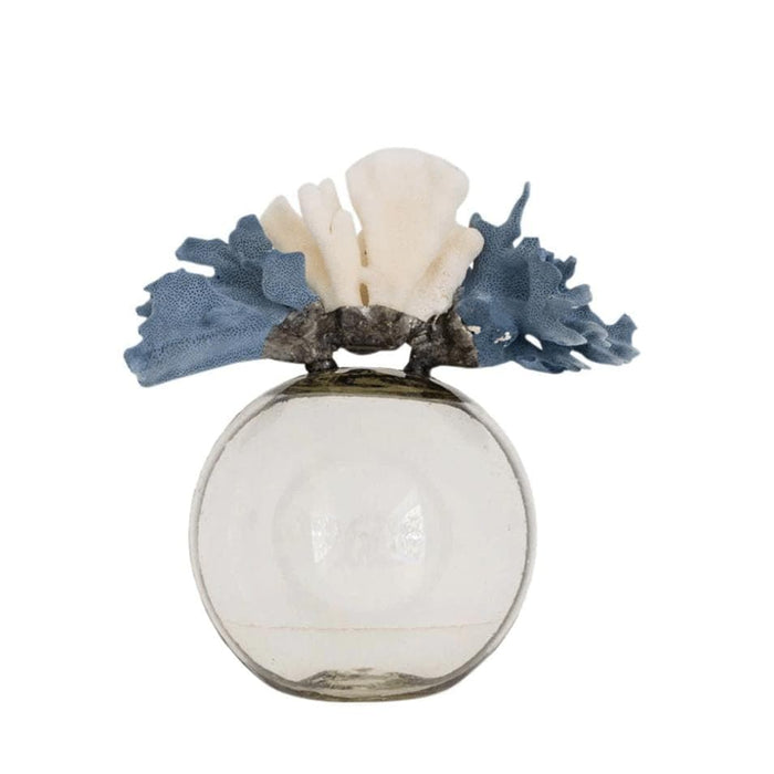 Round glass decorative bottle with blue and white coral, 15-19"H.