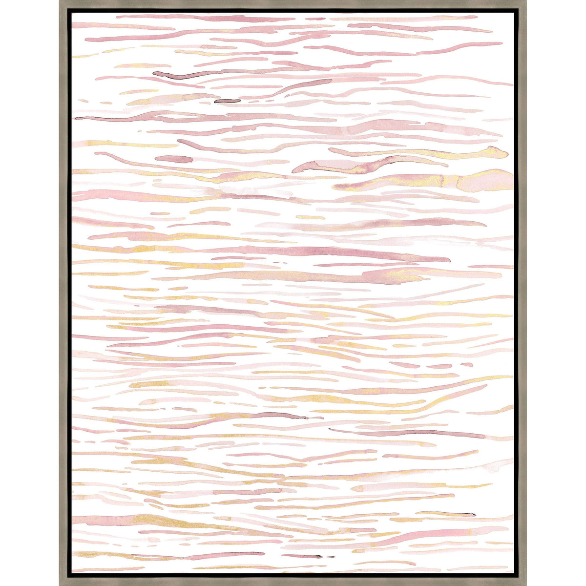 Blush Dabbles III Giclee Painting with warm blush and gold leaf abstract horizontal strokes, framed.