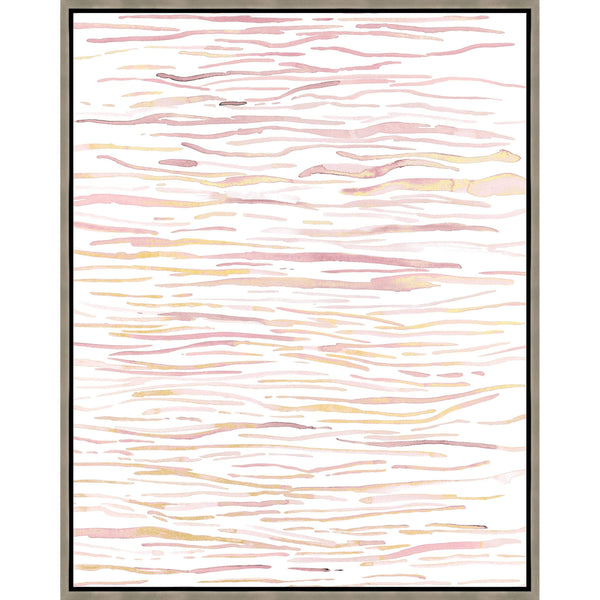 Blush Dabbles III Giclee Painting with warm blush and gold leaf abstract horizontal strokes, framed.