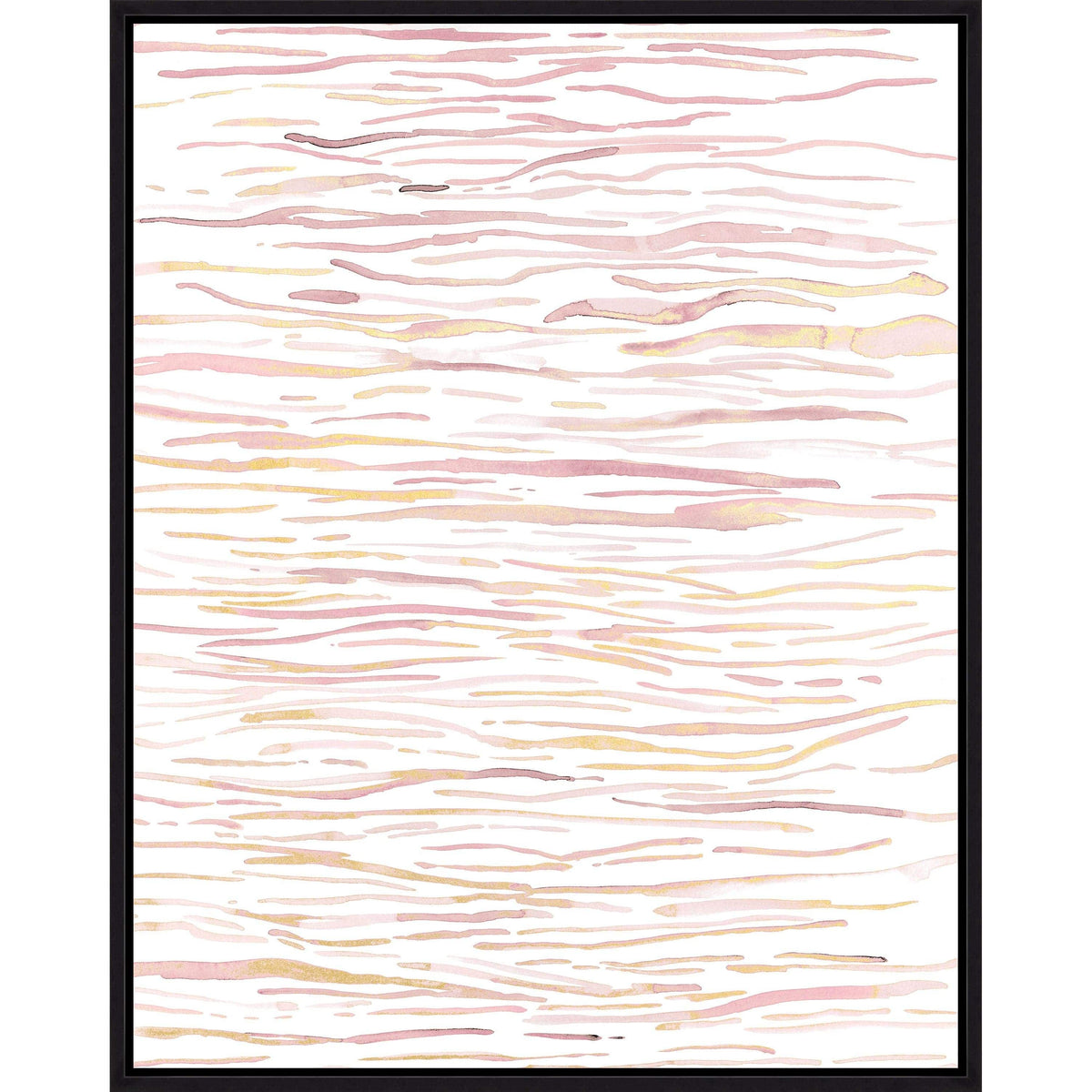 Blush Dabbles III giclee painting with warm pink and gold leaf horizontal brushstrokes, framed in black.