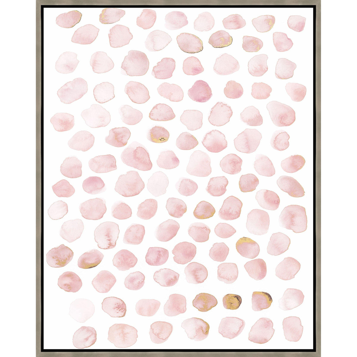 Blush Dabbles IV Giclee Painting: soft pink watercolor shapes with gold accents, framed.