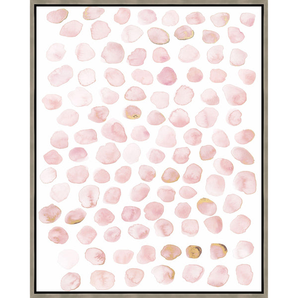 Blush Dabbles IV Giclee Painting: soft pink watercolor shapes with gold accents, framed.