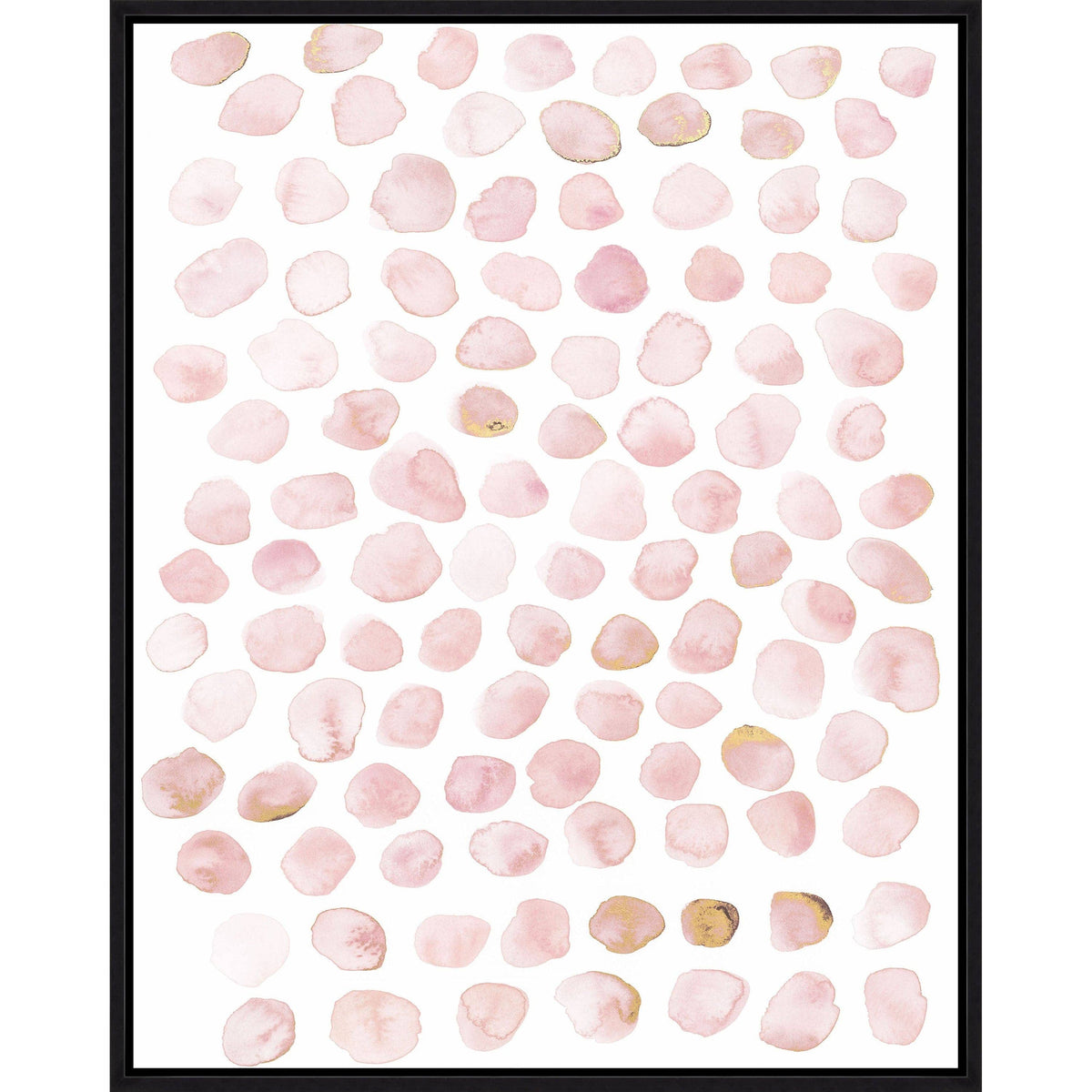 Blush Dabbles IV Giclee Painting with soft pink watercolor shapes and gold accents in a black frame.