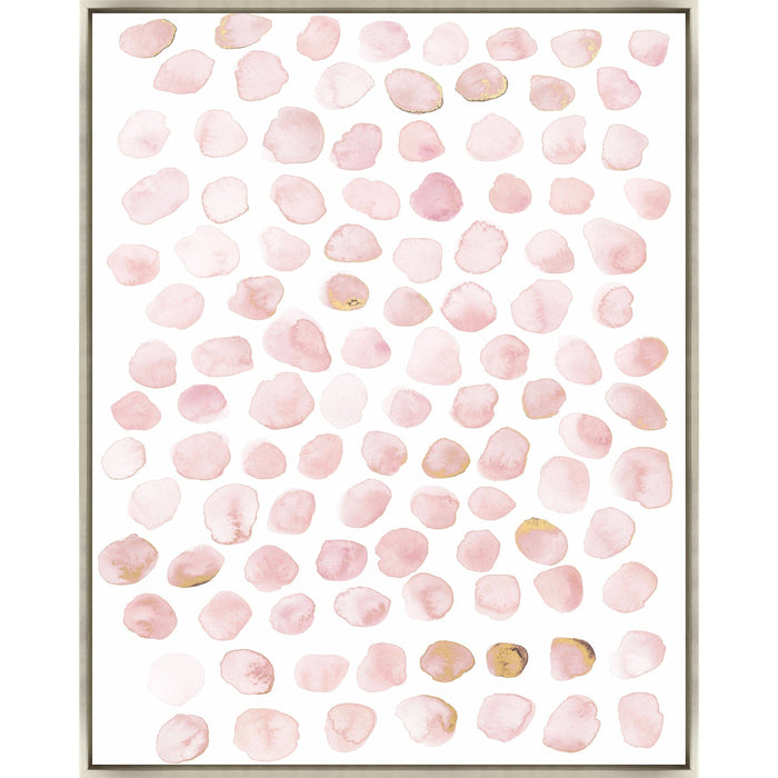 Blush Dabbles IV Giclee Painting: abstract art with soft pink and gold watercolor shapes on white, framed.