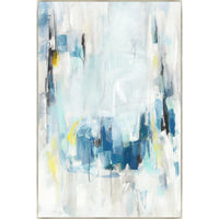 Abstract giclee canvas painting with blue, white, and yellow brushstrokes, hand-applied knife gel finish.