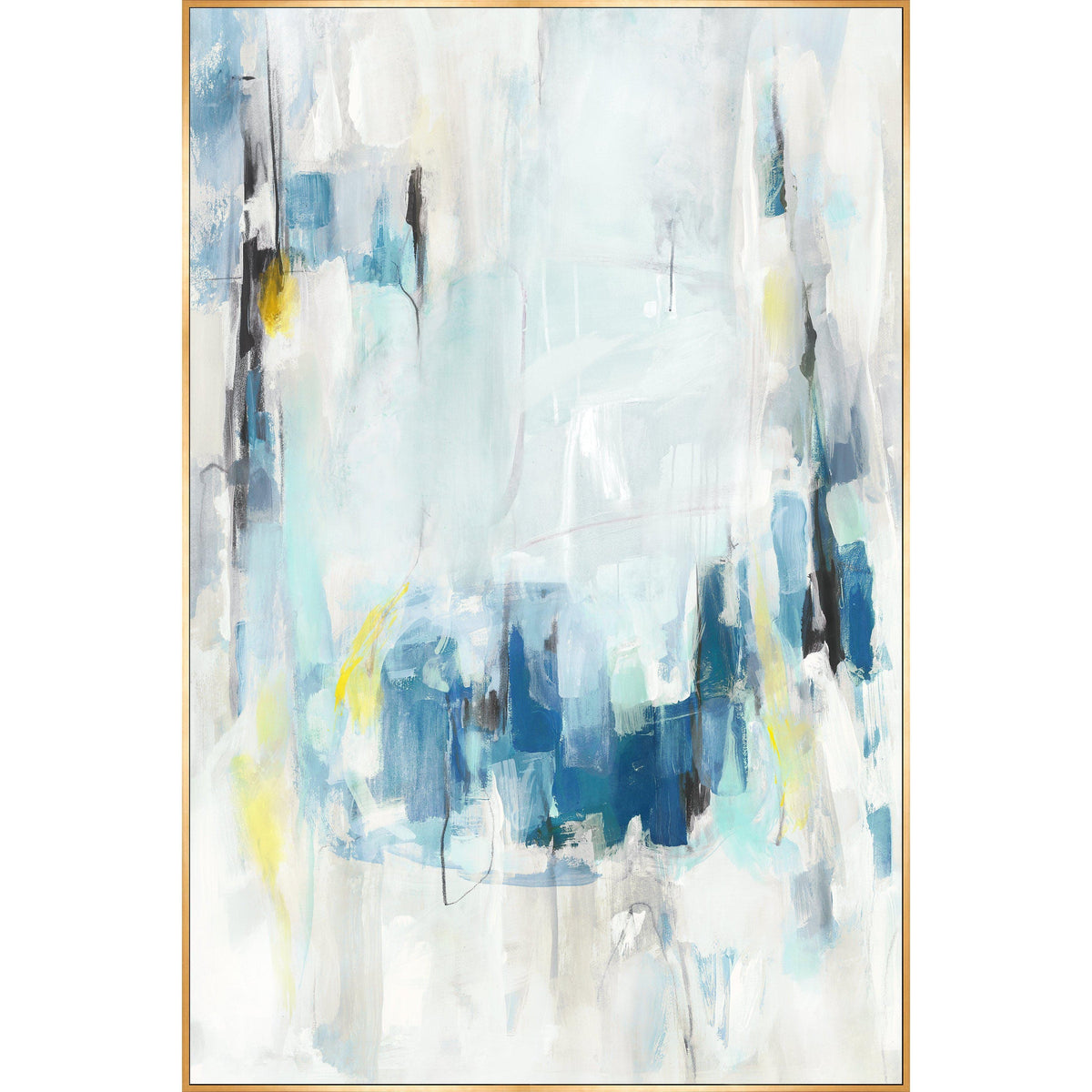 Abstract giclee canvas painting with blue, white, and yellow strokes, framed in gold.