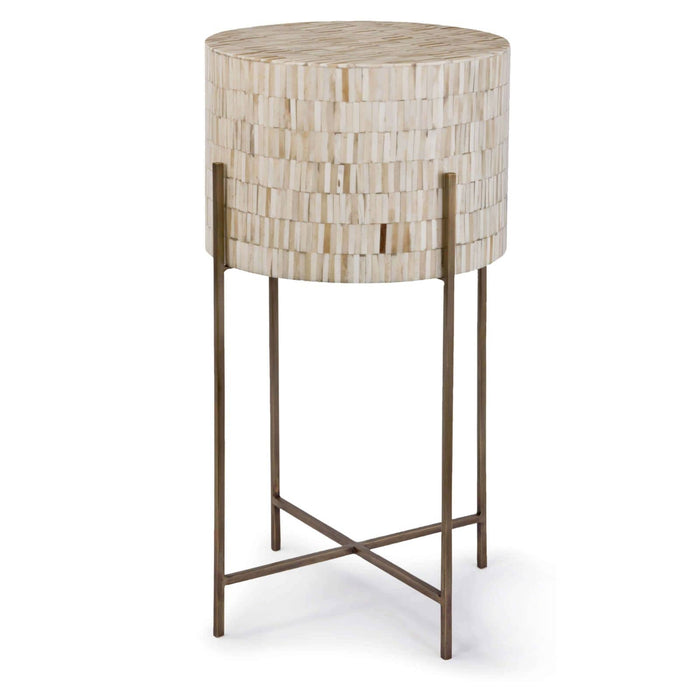 Bone Drum Table with intricate inlaid bone top and antiqued brass legs.
