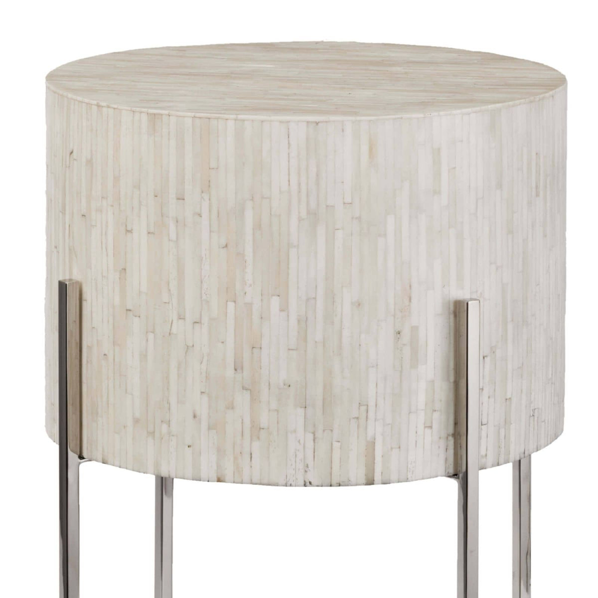 Bone Drum Table with intricate inlaid bone, soft shape, and polished nickel legs.