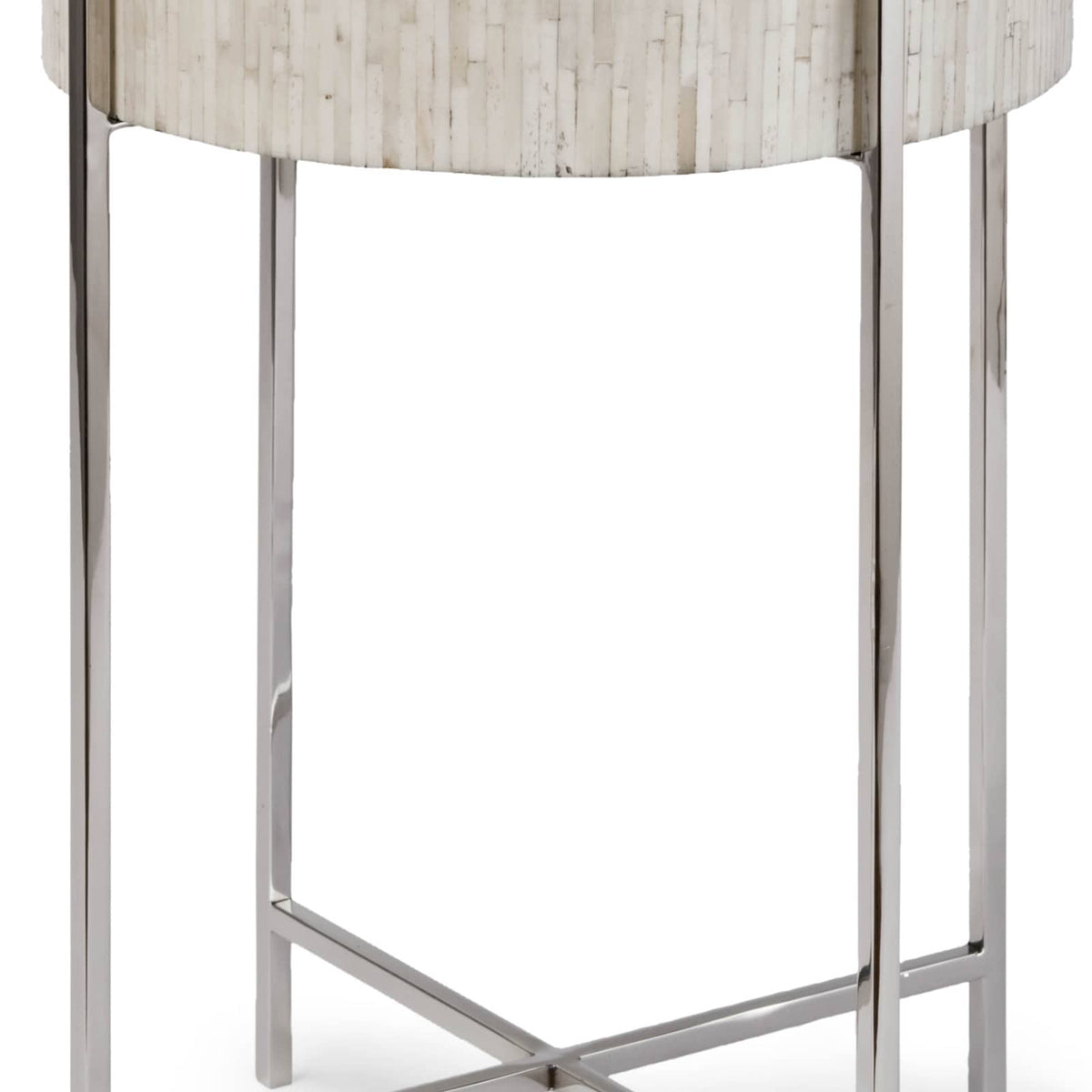 Bone Drum Table with intricate inlaid bone top and polished nickel legs.