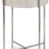 Bone Drum Table with intricate inlaid bone top and polished nickel legs.