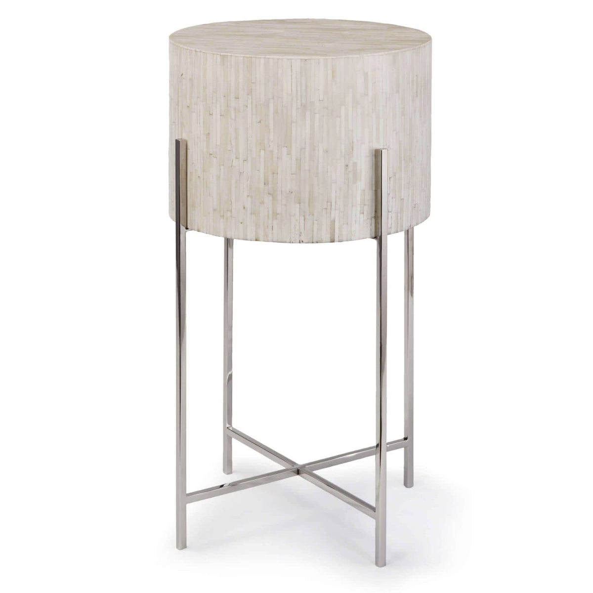 Bone Drum Table with intricate inlaid bone top and polished nickel legs.