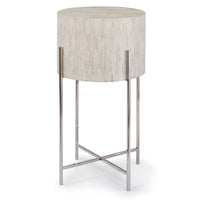 Bone Drum Table with intricate inlaid bone top and polished nickel legs.
