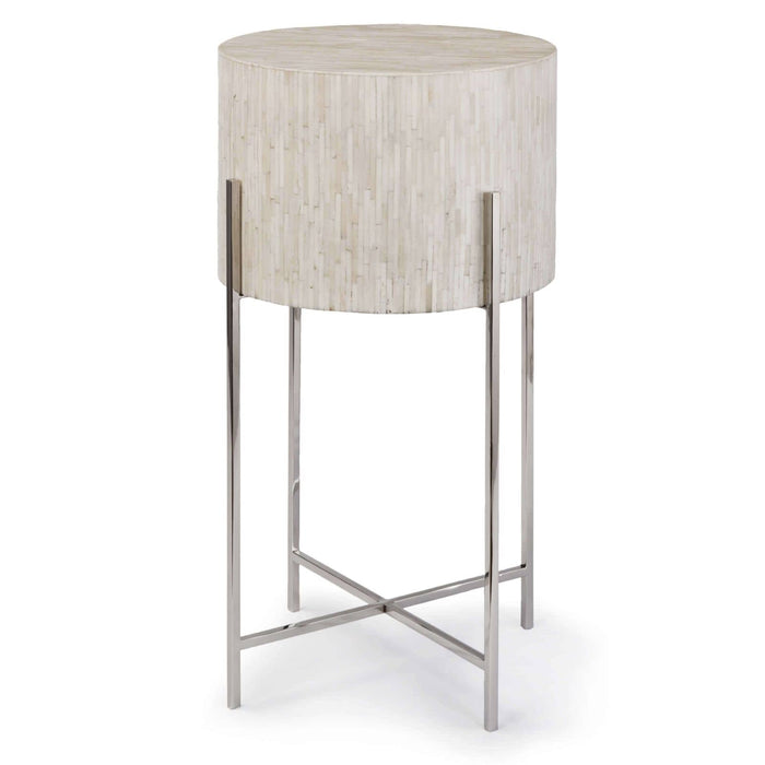 Bone Drum Table with intricate inlaid bone top and polished nickel legs.