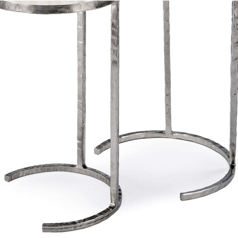 Set of two nesting tables with bone mosaic tops and polished nickel frames.