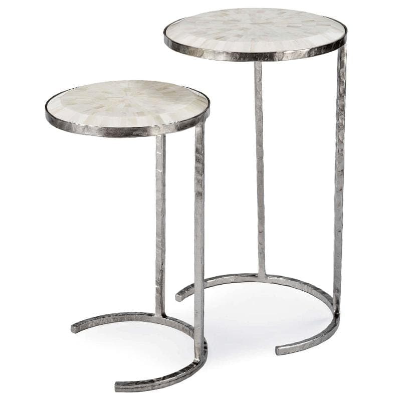 Two bone and nickel nesting tables with high-gloss mosaic tops and polished nickel frames.