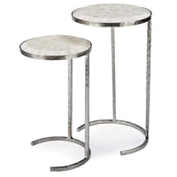Two bone and nickel nesting tables with high-gloss mosaic tops and polished nickel frames.
