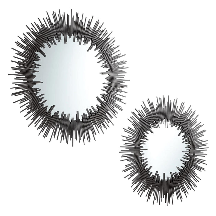 Two Borealis Graphite Mirrors with geometric iron strips forming a unique sunburst design.