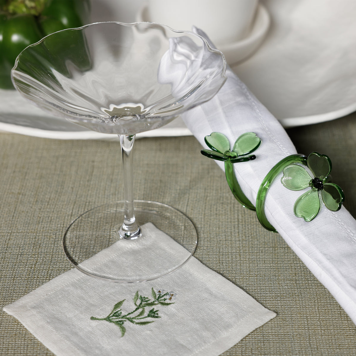 Botanica Green Glass Flower Napkin Rings, Set of 4 - Ring Detail | Bone & Brass