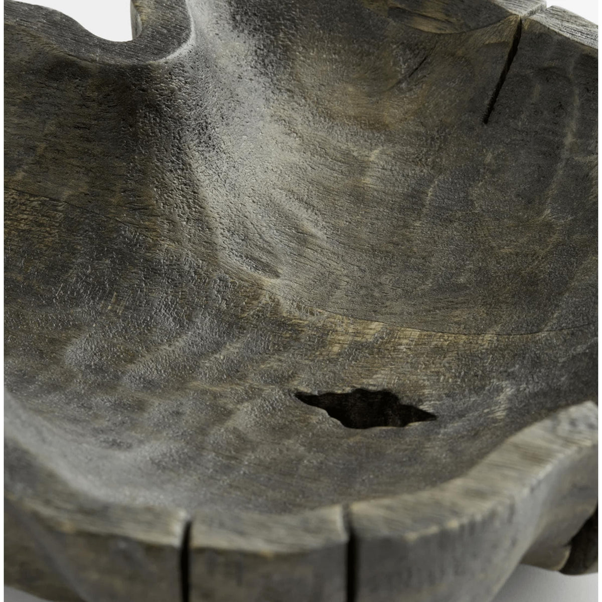 Bovina Rubbed Black Decorative Wood Bowl with organic curves, natural edges, and unique grain patterns.