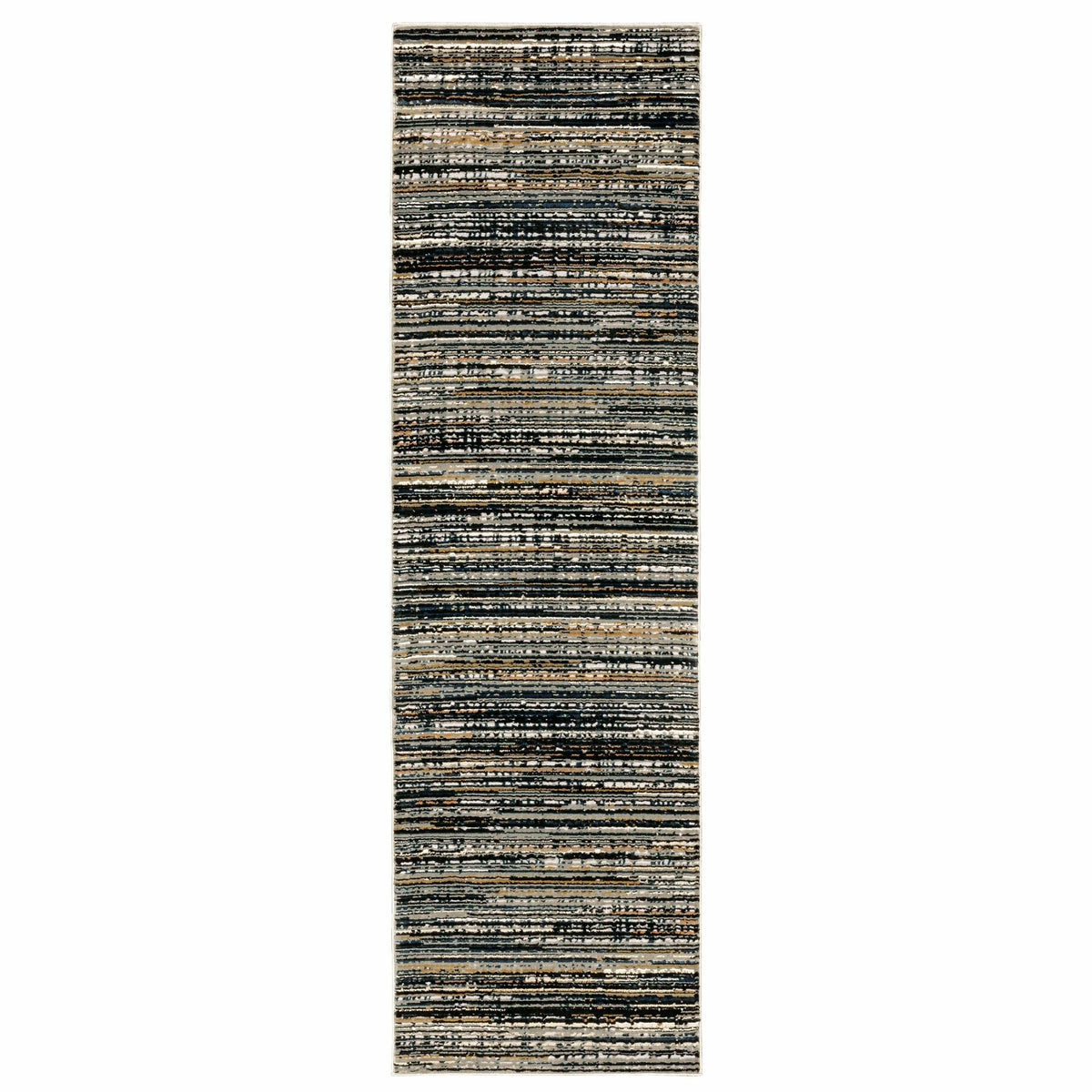 Bowen Black Multi-Colored Abstract Rug, machine-woven polypropylene and polyester blend with horizontal stripes.