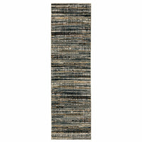 Bowen Black Multi-Colored Abstract Rug, machine-woven polypropylene and polyester blend with horizontal stripes.