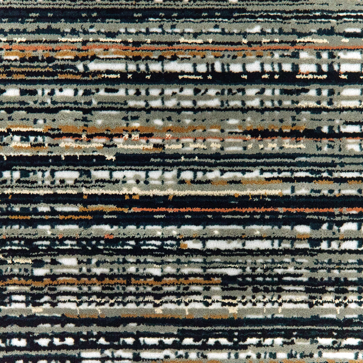 Bowen Black Multi-Colored Abstract Rug with high/low texture, featuring horizontal stripes in black, gray, white, and orange.