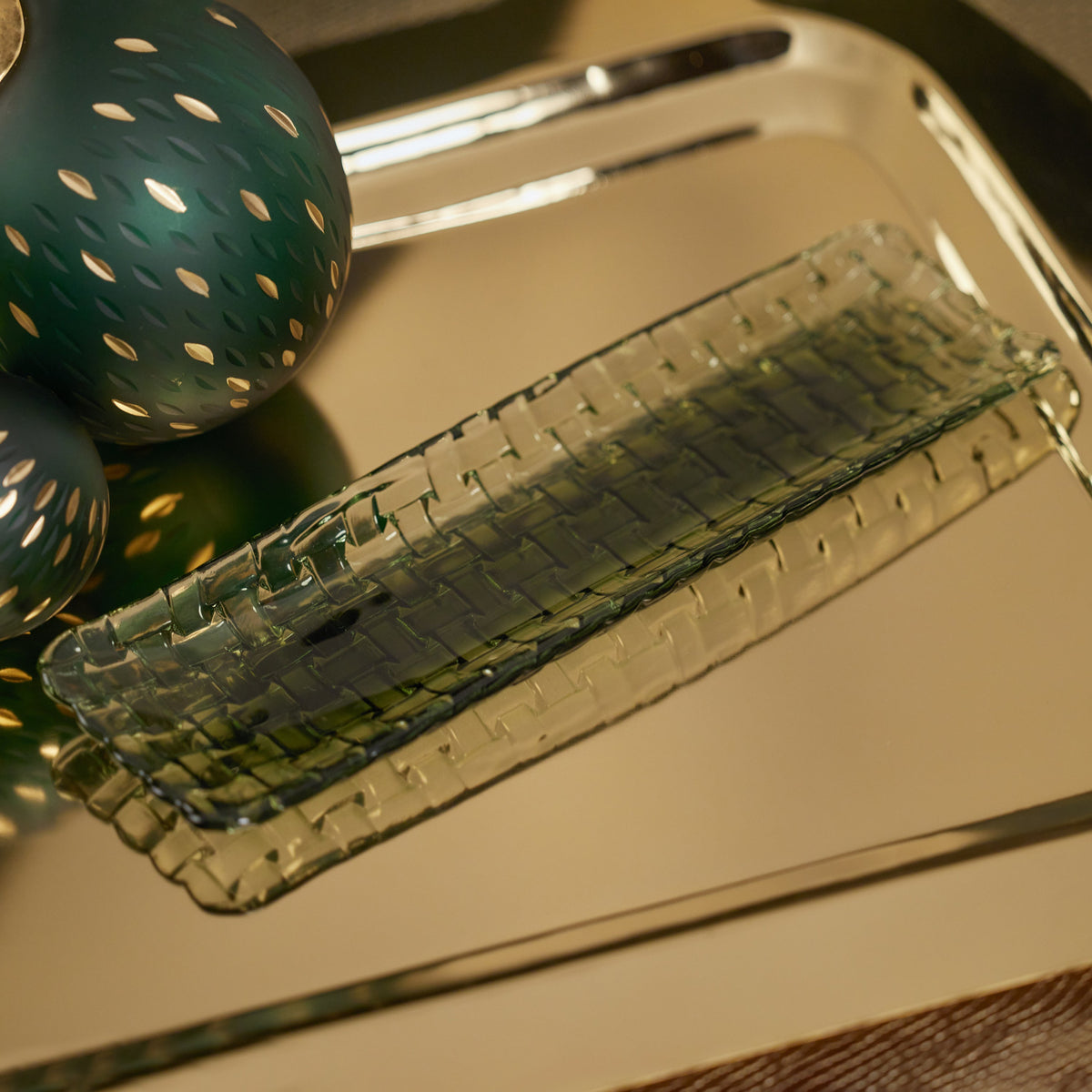 Braided Green Glass Rectangular Plates, Set 6 - Plate Detail | Bone & Brass