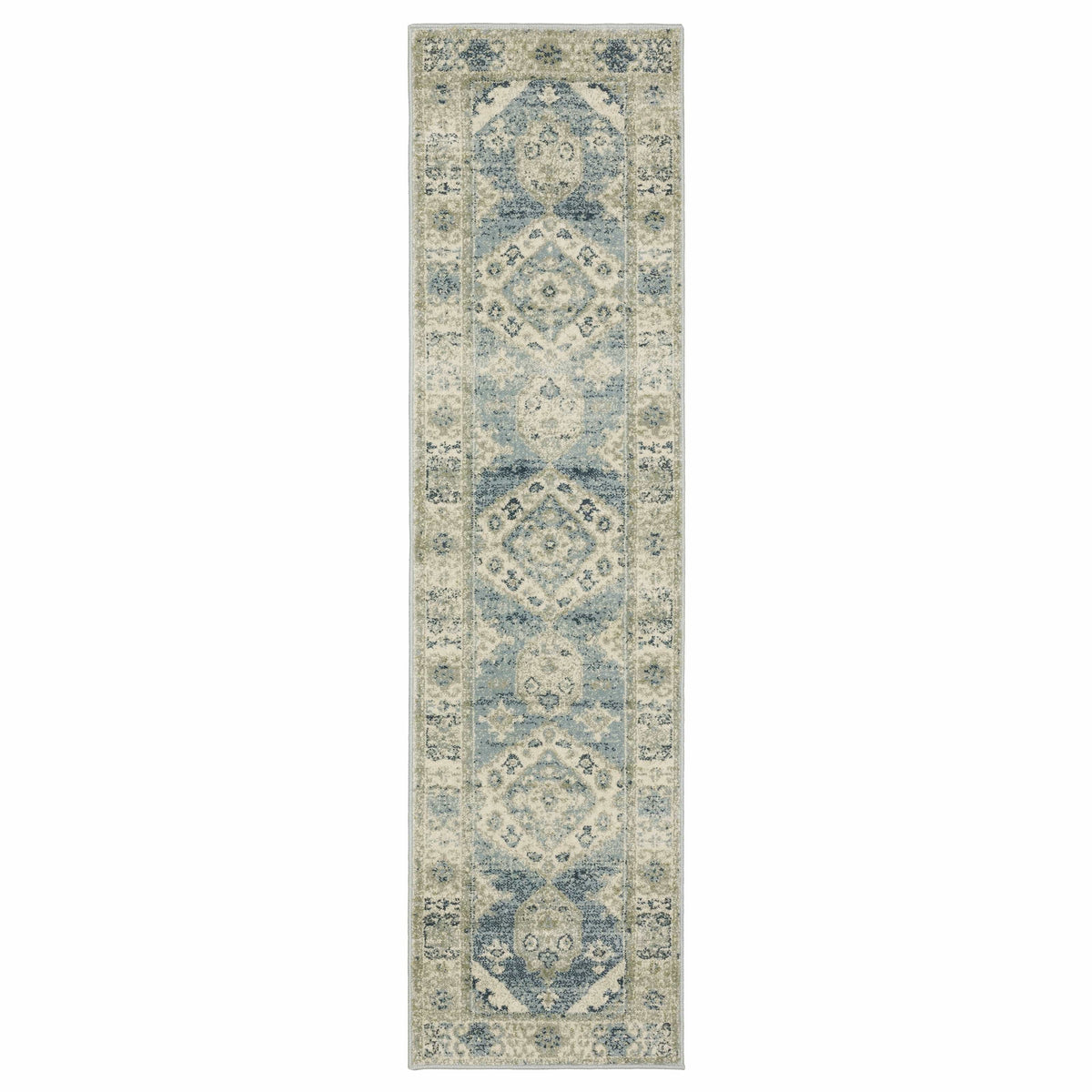 Branson Blue & Beige Traditional Rug, power-loomed polypropylene runner with classic medallion patterns.