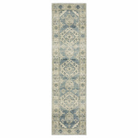 Branson Blue & Beige Traditional Rug, power-loomed polypropylene runner with classic medallion patterns.