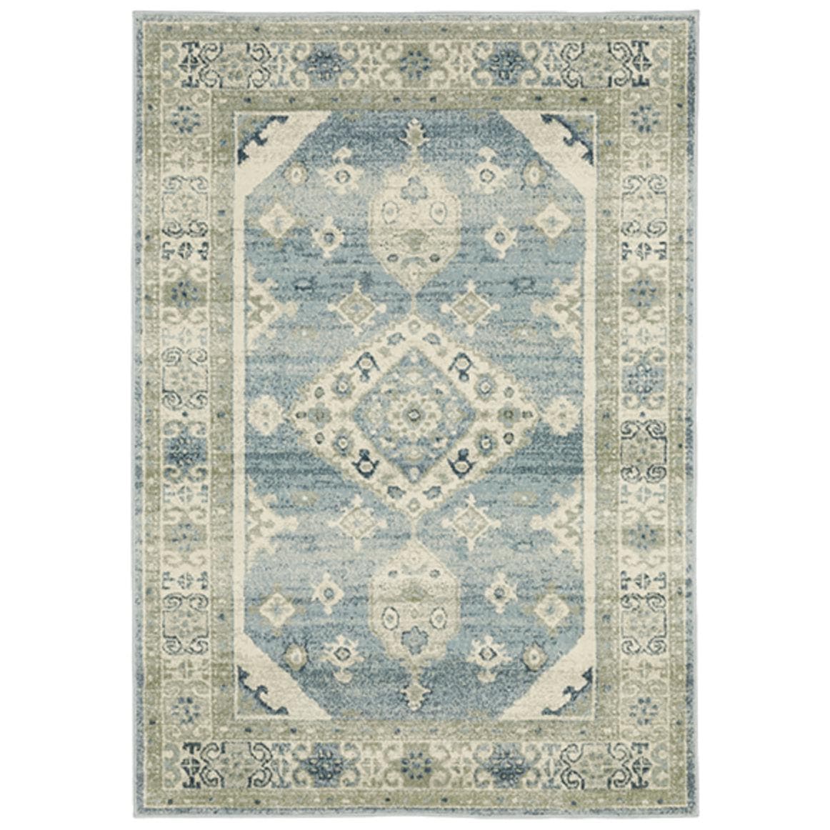 Branson Blue & Beige Traditional Rug, power-loomed polypropylene with classic medallion and border design.