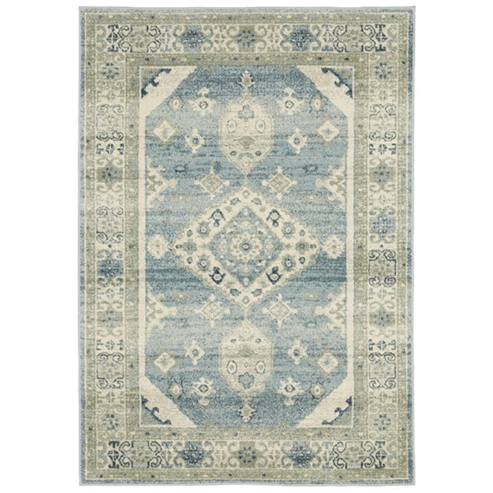 Branson Blue & Beige Traditional Rug, power-loomed polypropylene with classic medallion and border design.