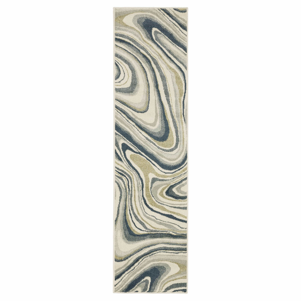 Branson Ivory & Blue Abstract power-loomed polypropylene runner rug with swirling navy, blue, moss green, and neutral tones.