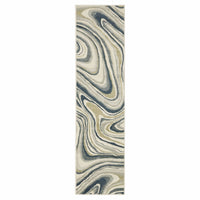 Branson Ivory & Blue Abstract power-loomed polypropylene runner rug with swirling navy, blue, moss green, and neutral tones.