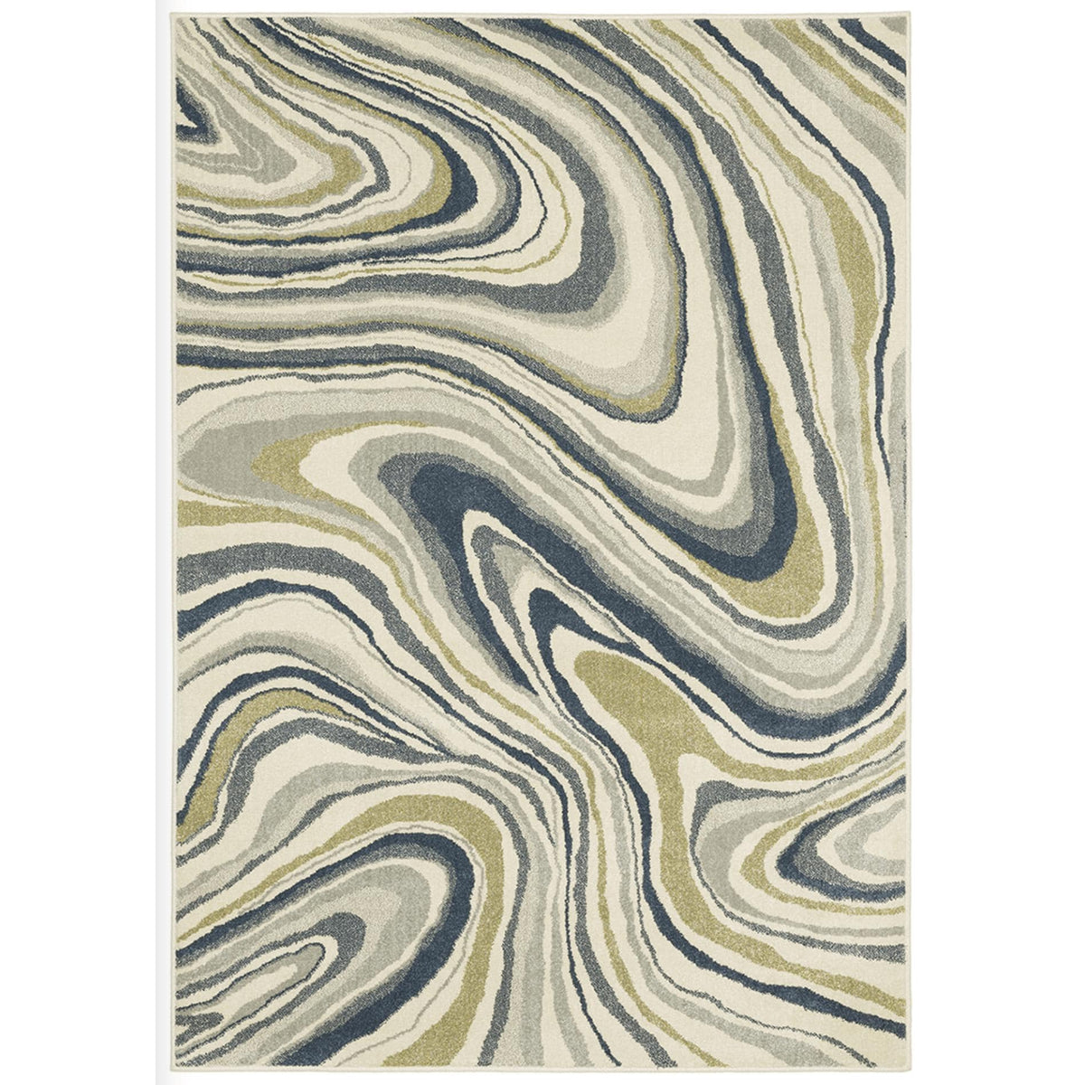 Branson Ivory & Blue Abstract Rug, power-loomed polypropylene with swirling navy, soft blue, moss green, and neutral tones.