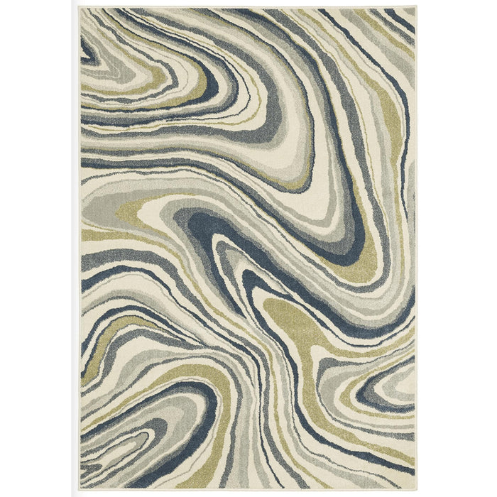 Branson Ivory & Blue Abstract Rug, power-loomed polypropylene with swirling navy, soft blue, moss green, and neutral tones.