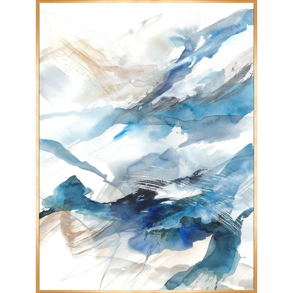 Abstract giclee canvas painting with blue, beige, and white brushstrokes in a gold frame.
