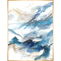 Abstract giclee canvas painting with blue, beige, and white brushstrokes in a gold frame.