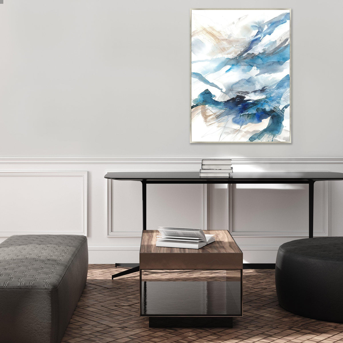Abstract giclee canvas painting with blue, white, and beige brushstrokes, framed in a modern luxury interior.