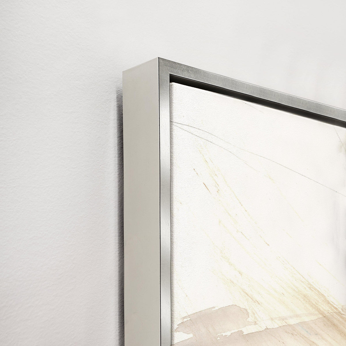 Abstract giclee canvas painting with brush gel finish, featuring subtle beige and white tones in a sleek metal frame.